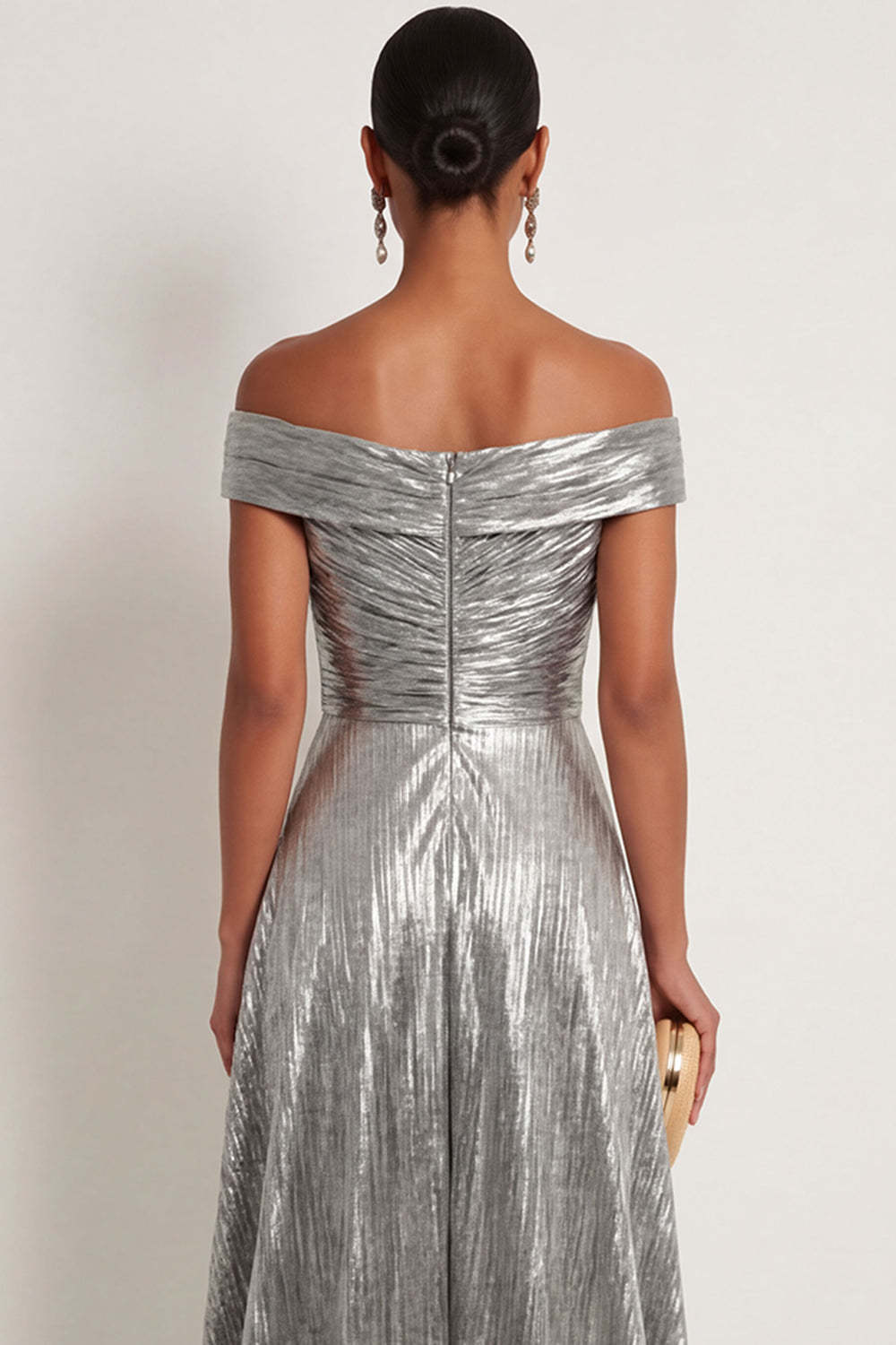Grey Silver Metallic A Line Off the Shoulder Long Formal Dress