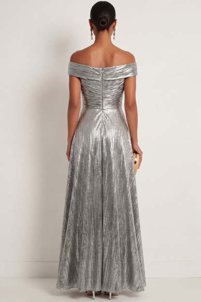 Grey Silver Metallic A Line Off the Shoulder Long Formal Dress