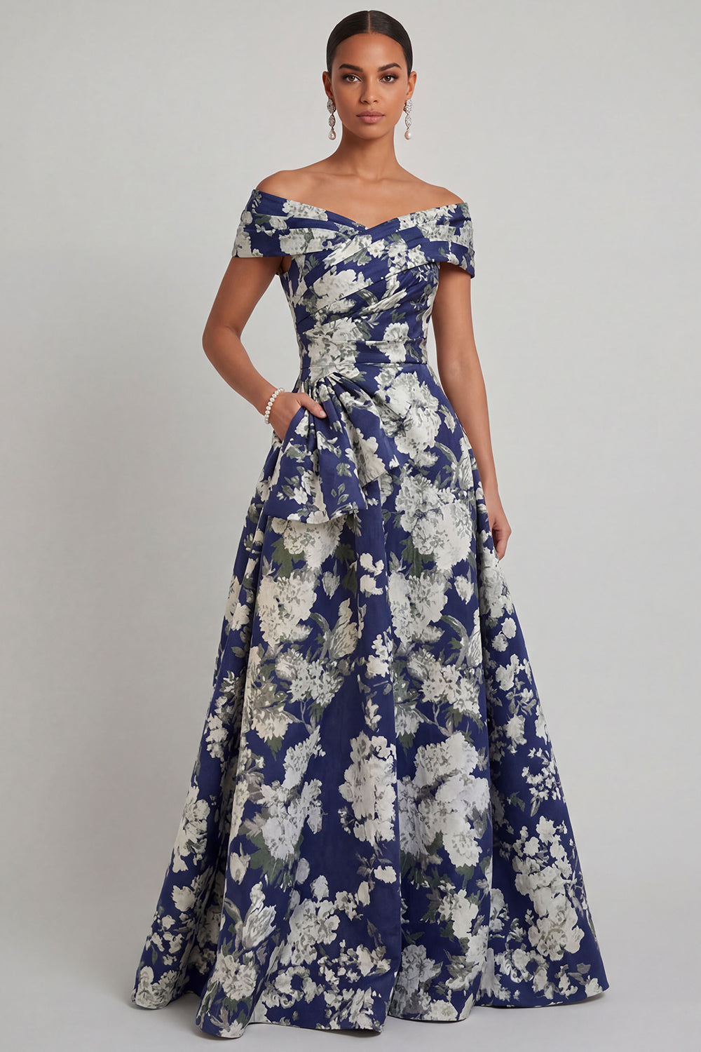 Floral Navy A Line Ruched Off the Shoulder Long Formal Dress with Bow