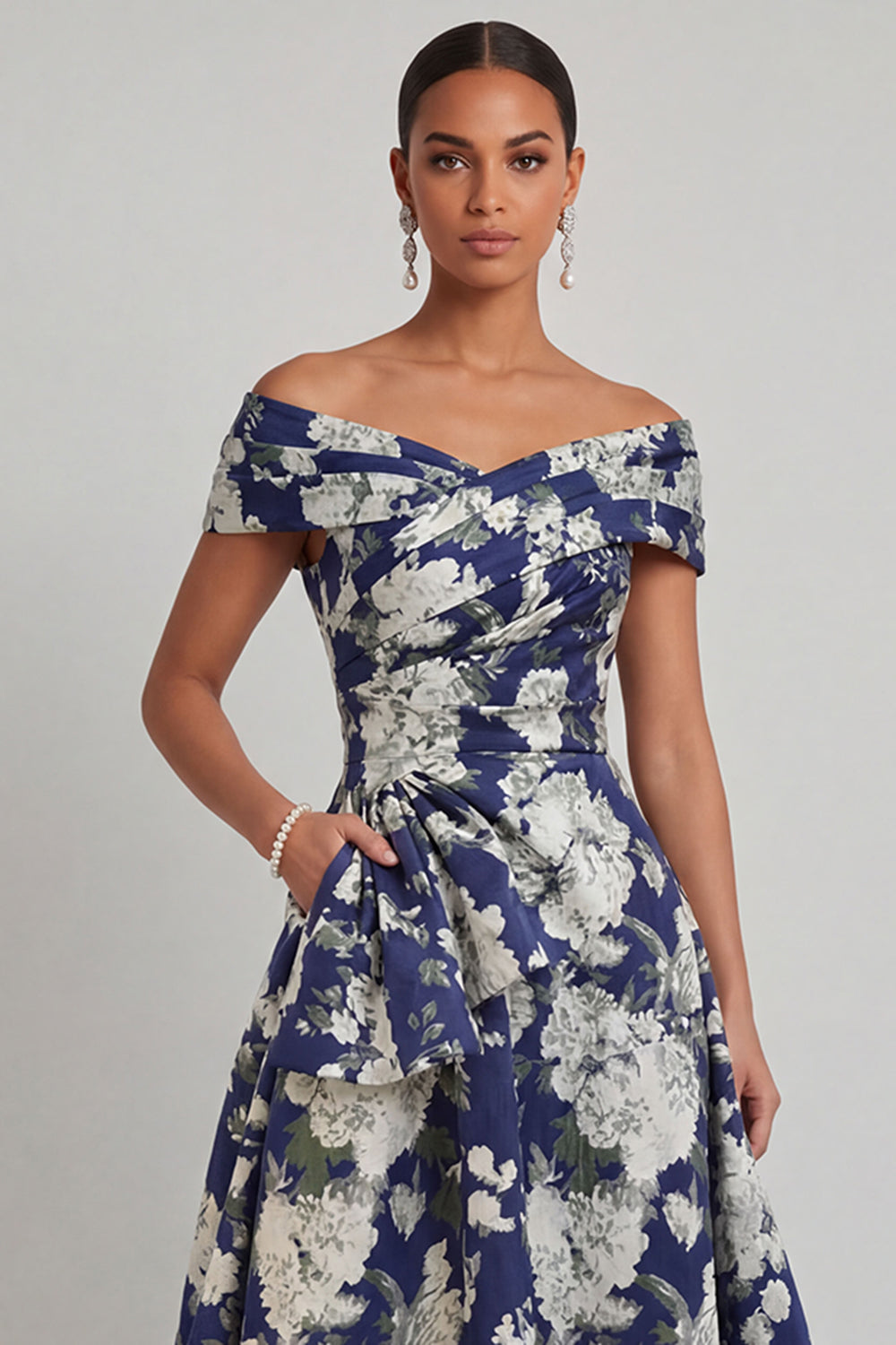 Floral Navy A Line Ruched Off the Shoulder Long Formal Dress with Bow