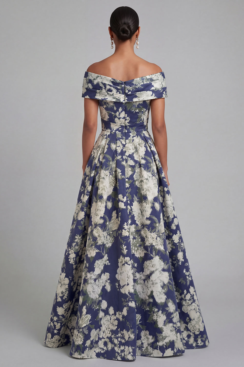 Floral Navy A Line Ruched Off the Shoulder Long Formal Dress with Bow