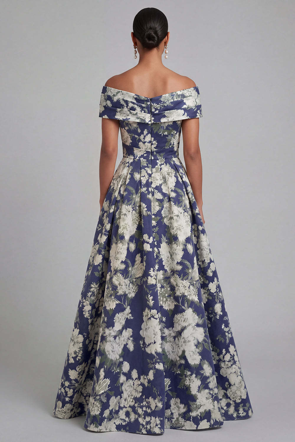 Floral Navy A Line Ruched Off the Shoulder Long Formal Dress with Bow