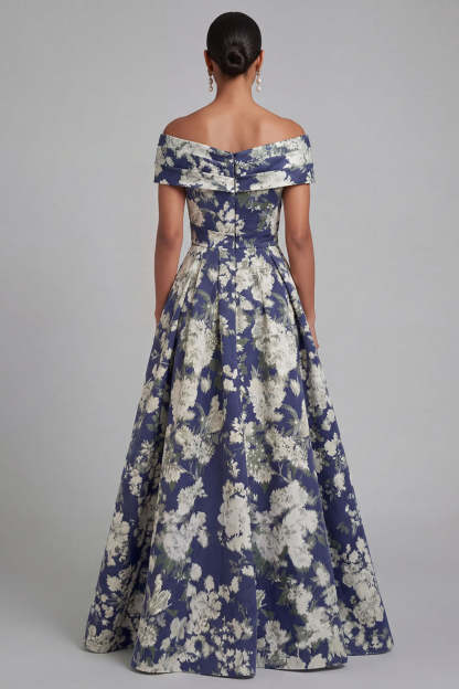 Floral Navy A Line Ruched Off the Shoulder Long Formal Dress with Bow