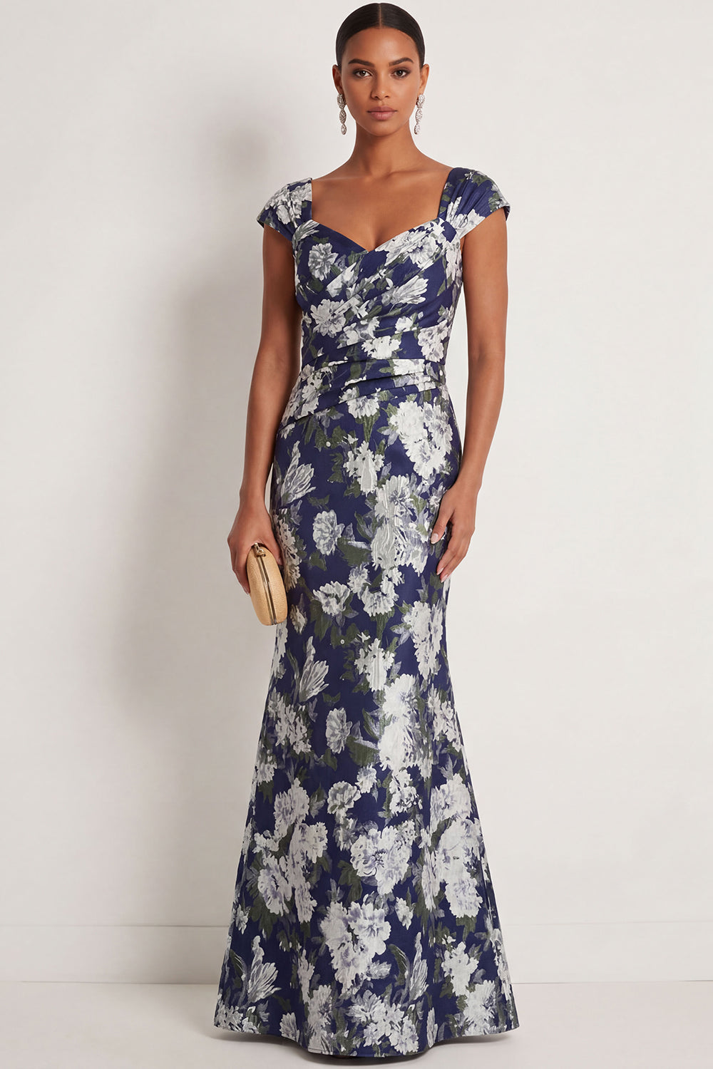 Floral Navy Mermaid Ruched Sleeveless Long Formal Dress
