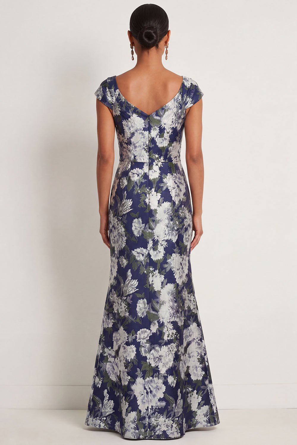 Floral Navy Mermaid Ruched Sleeveless Long Formal Dress