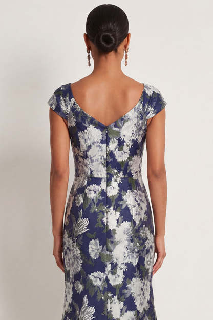 Floral Navy Mermaid Ruched Sleeveless Long Formal Dress