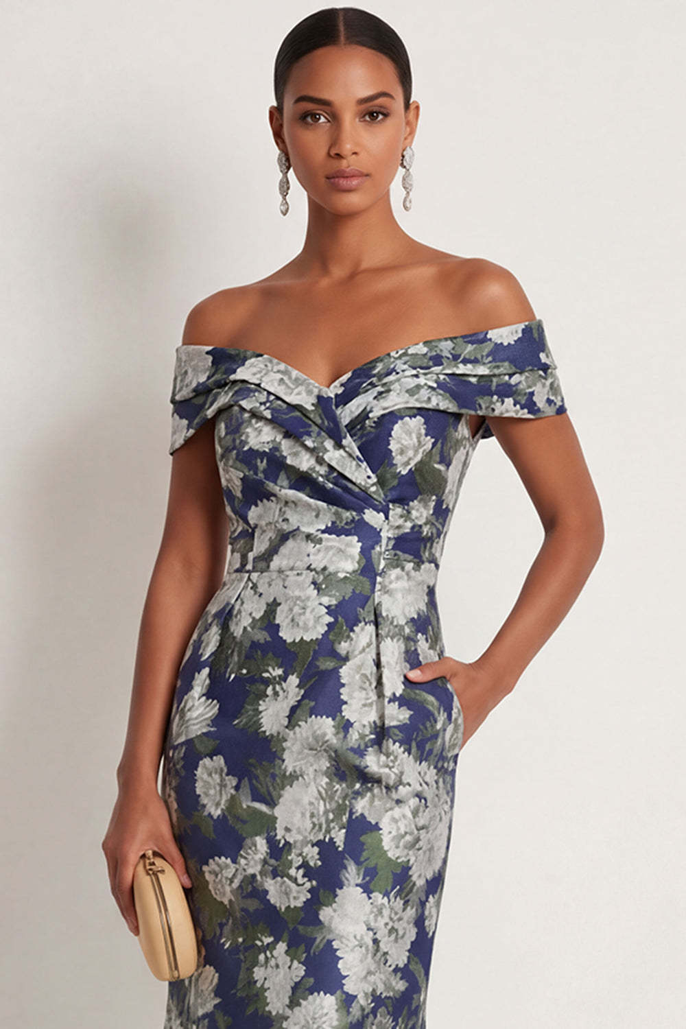 Navy Blue Floral Mermaid Off the Shoulder Long Formal Dress