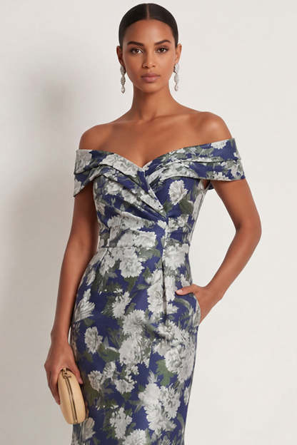 Navy Blue Floral Mermaid Off the Shoulder Long Formal Dress