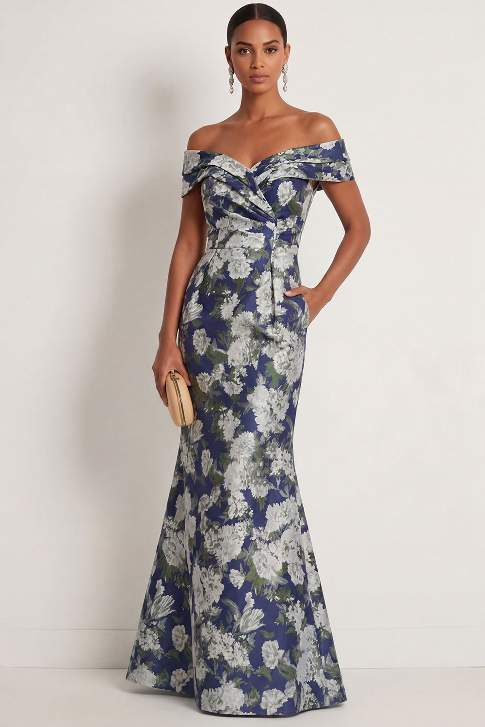 Leely Women Navy Blue Floral Mermaid Long Formal Dress Off the Shoulder Backless Sleeveless Wedding Guest Dress