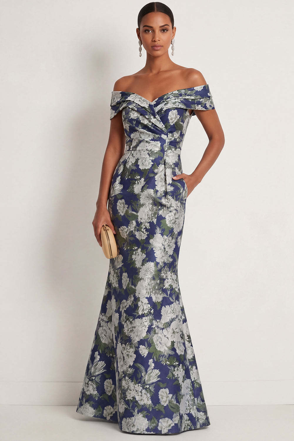Leely Women Navy Blue Floral Mermaid Long Formal Dress Off the Shoulder Backless Sleeveless Wedding Guest Dress