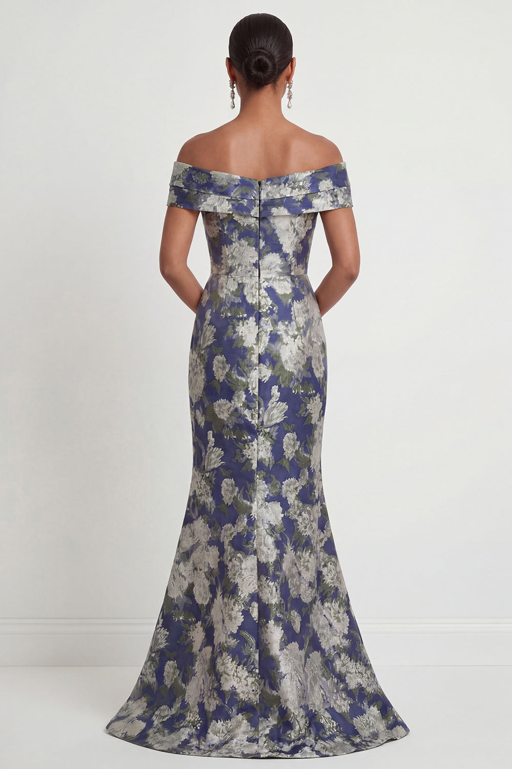 Navy Blue Floral Mermaid Off the Shoulder Long Formal Dress