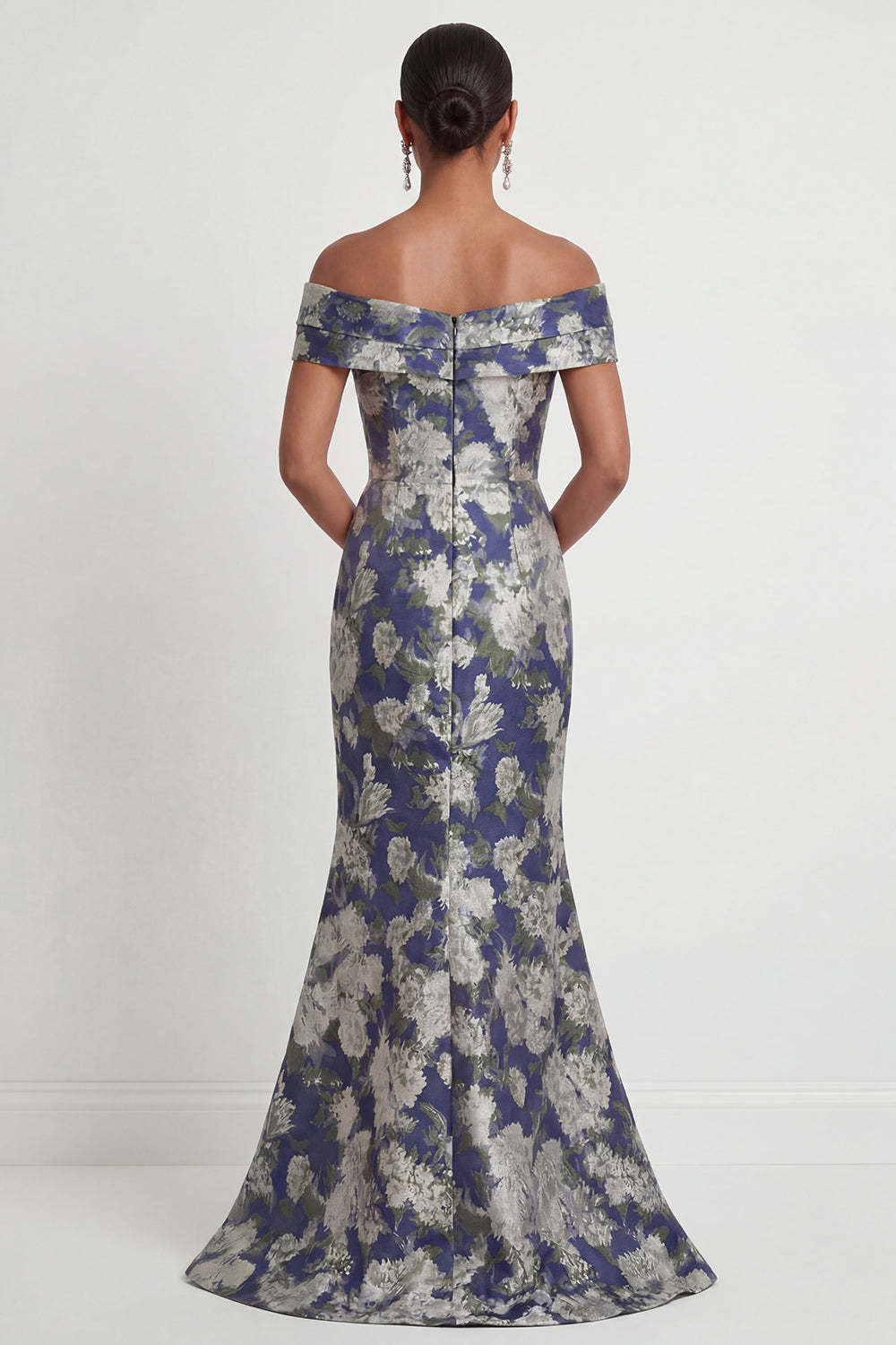 Navy Blue Floral Mermaid Off the Shoulder Long Formal Dress