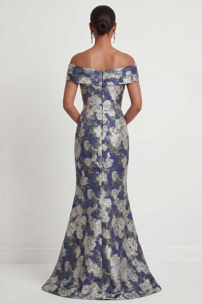 Navy Blue Floral Mermaid Off the Shoulder Long Formal Dress