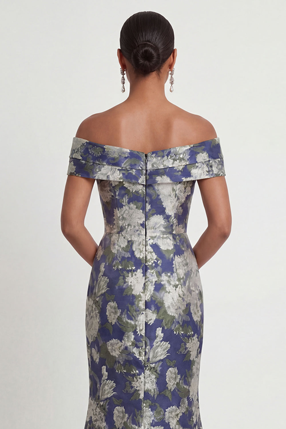 Navy Blue Floral Mermaid Off the Shoulder Long Formal Dress