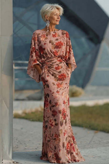 Leely Women Dusty Rose Floral Ruched Round Neck Long Mother Of the Bride Dress Chiffon Flutter Sleeves Mermaid Wedding Guest Dress
