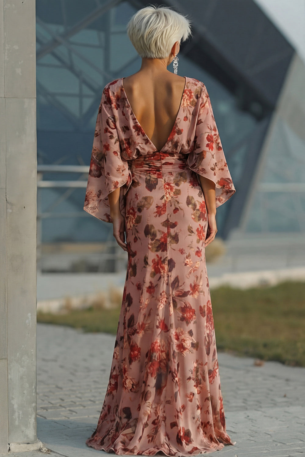 Dusty Rose Floral Ruched Round Neck Long Mother Of the Bride Dress