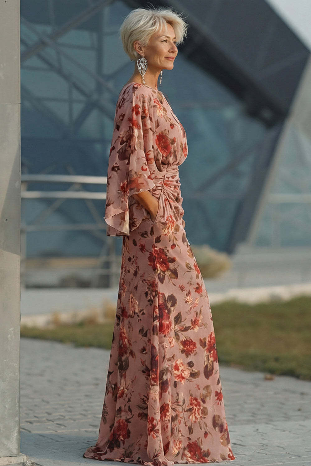 Dusty Rose Floral Ruched Round Neck Long Mother Of the Bride Dress