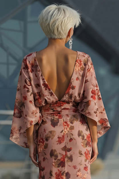 Dusty Rose Floral Ruched Round Neck Long Mother Of the Bride Dress