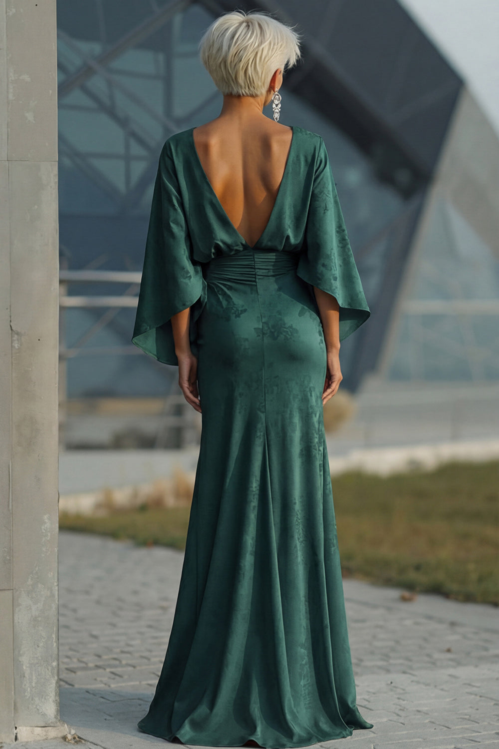 Pine Jacquard Floral Mermaid Draped Flutter Sleeves Maxi Mother of the Bride Dress