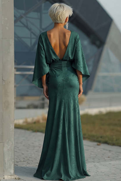 Pine Jacquard Floral Mermaid Draped Flutter Sleeves Maxi Mother of the Bride Dress