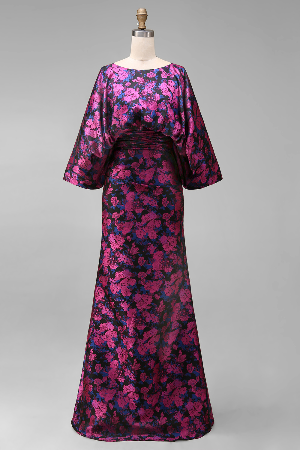 Jacquard Floral Fuchsia Mermaid Ruched Long Mother Of Bride Dress