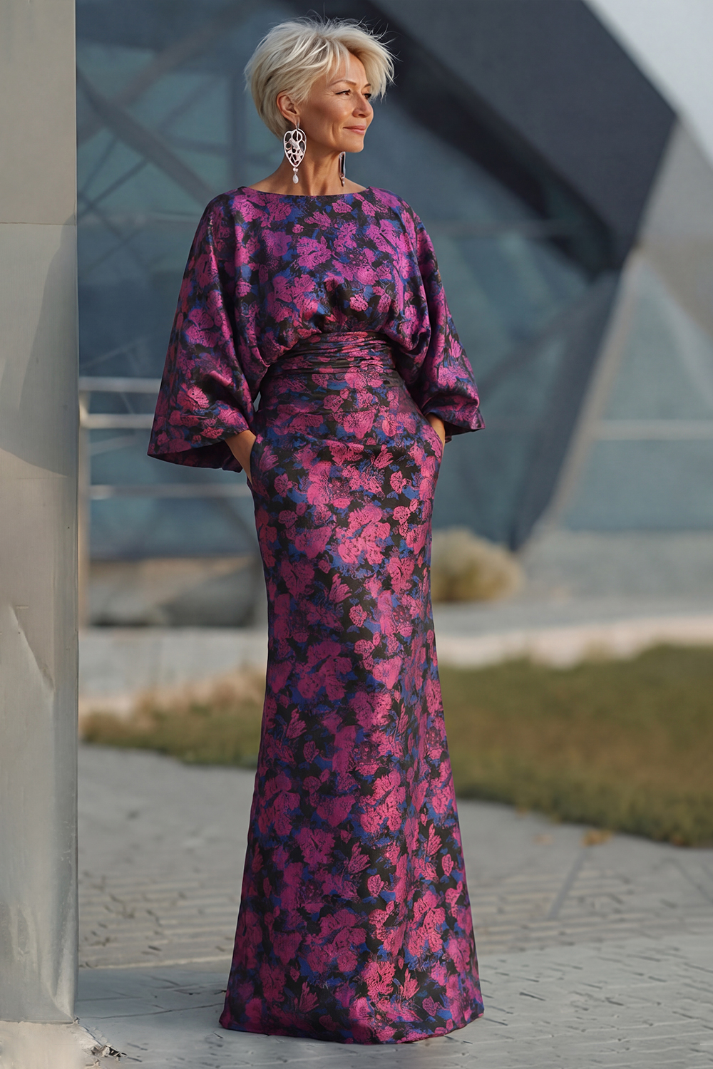Jacquard Floral Fuchsia Mermaid Ruched Long Mother Of Bride Dress