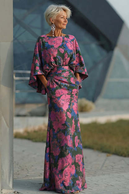 Leely Women Jacquard Floral Fuchsia Mermaid Ruched Long Mother Of Bride Dress Round Neck Backless Flutter Sleeves Wedding Guest Dress
