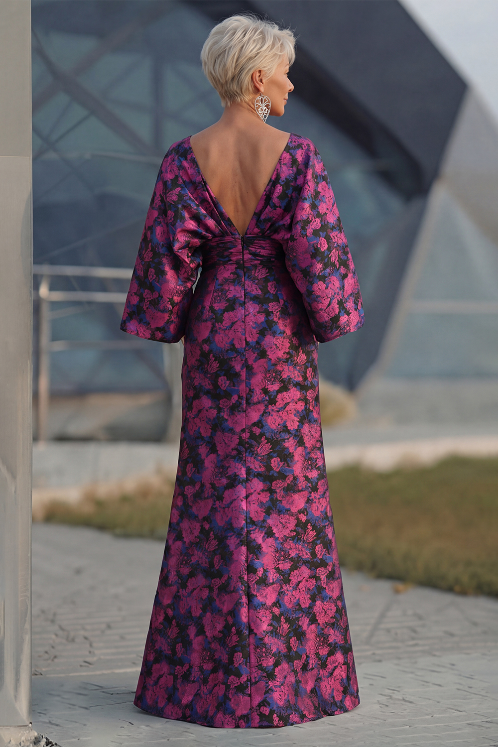 Jacquard Floral Fuchsia Mermaid Ruched Long Mother Of Bride Dress