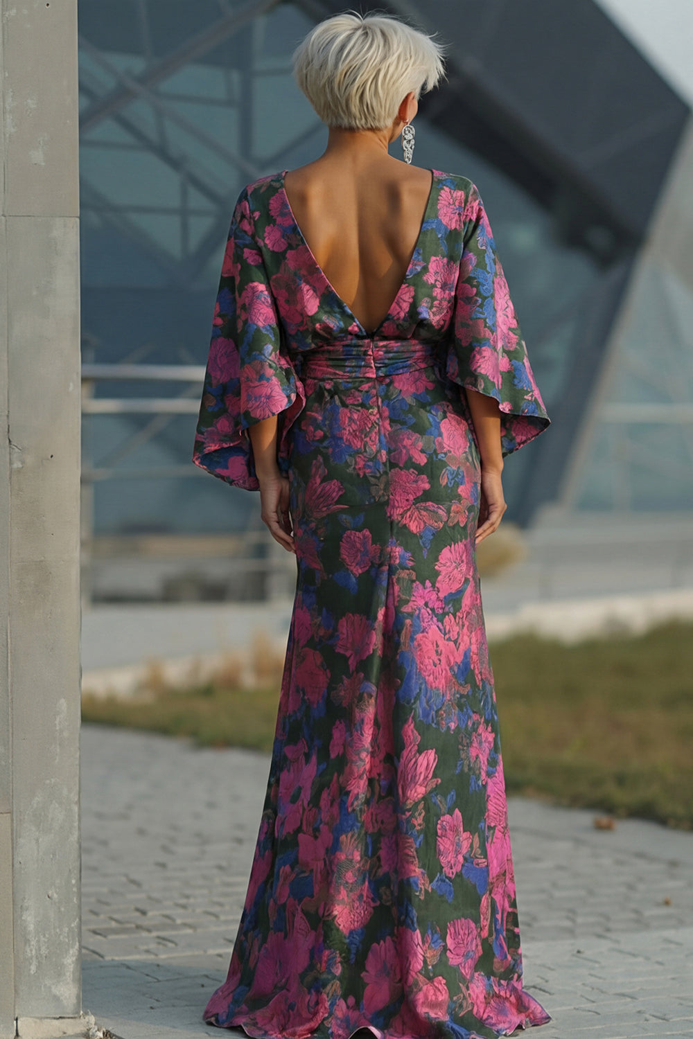 Jacquard Floral Fuchsia Mermaid Ruched Long Mother Of Bride Dress