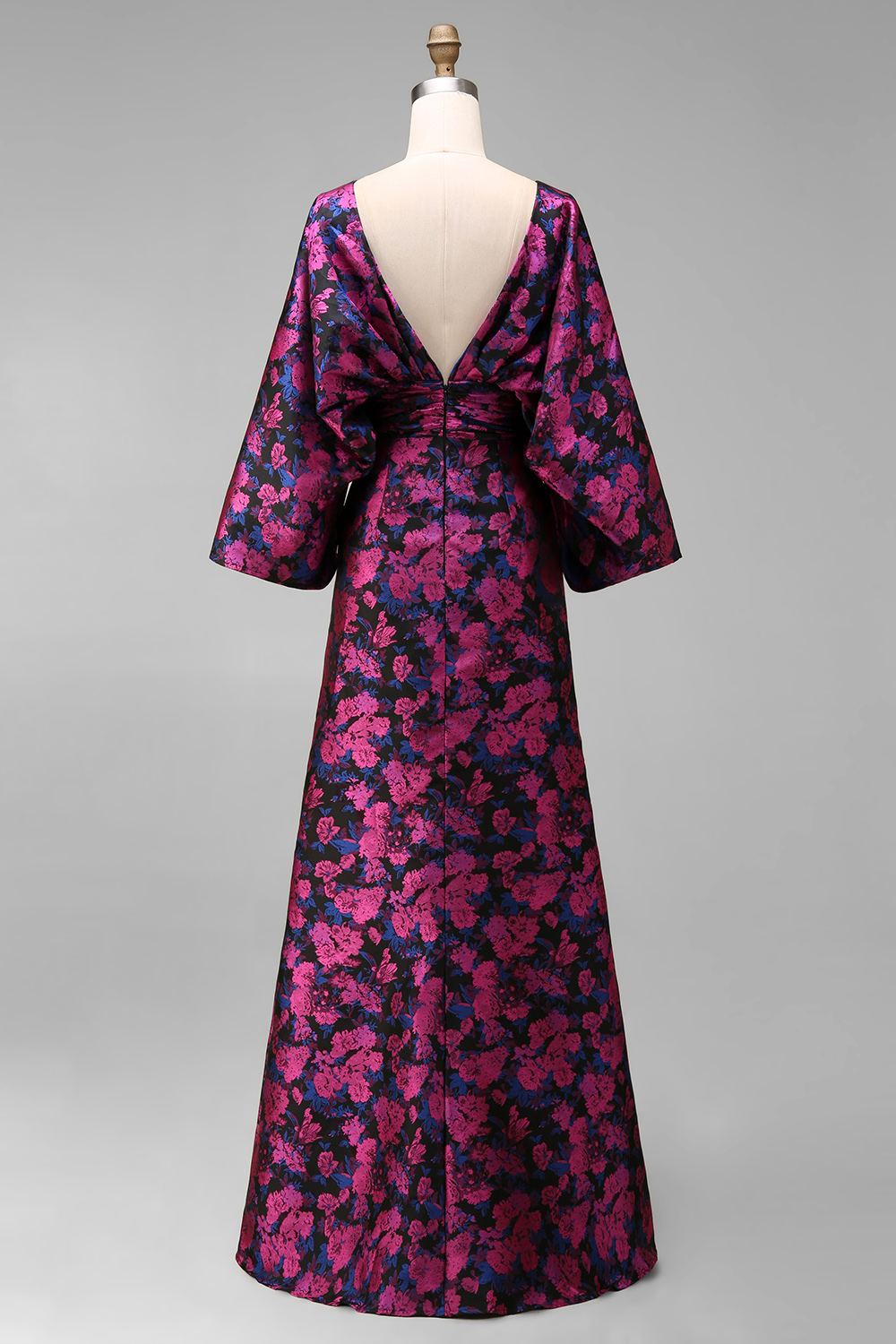 Jacquard Floral Fuchsia Mermaid Ruched Long Mother Of Bride Dress