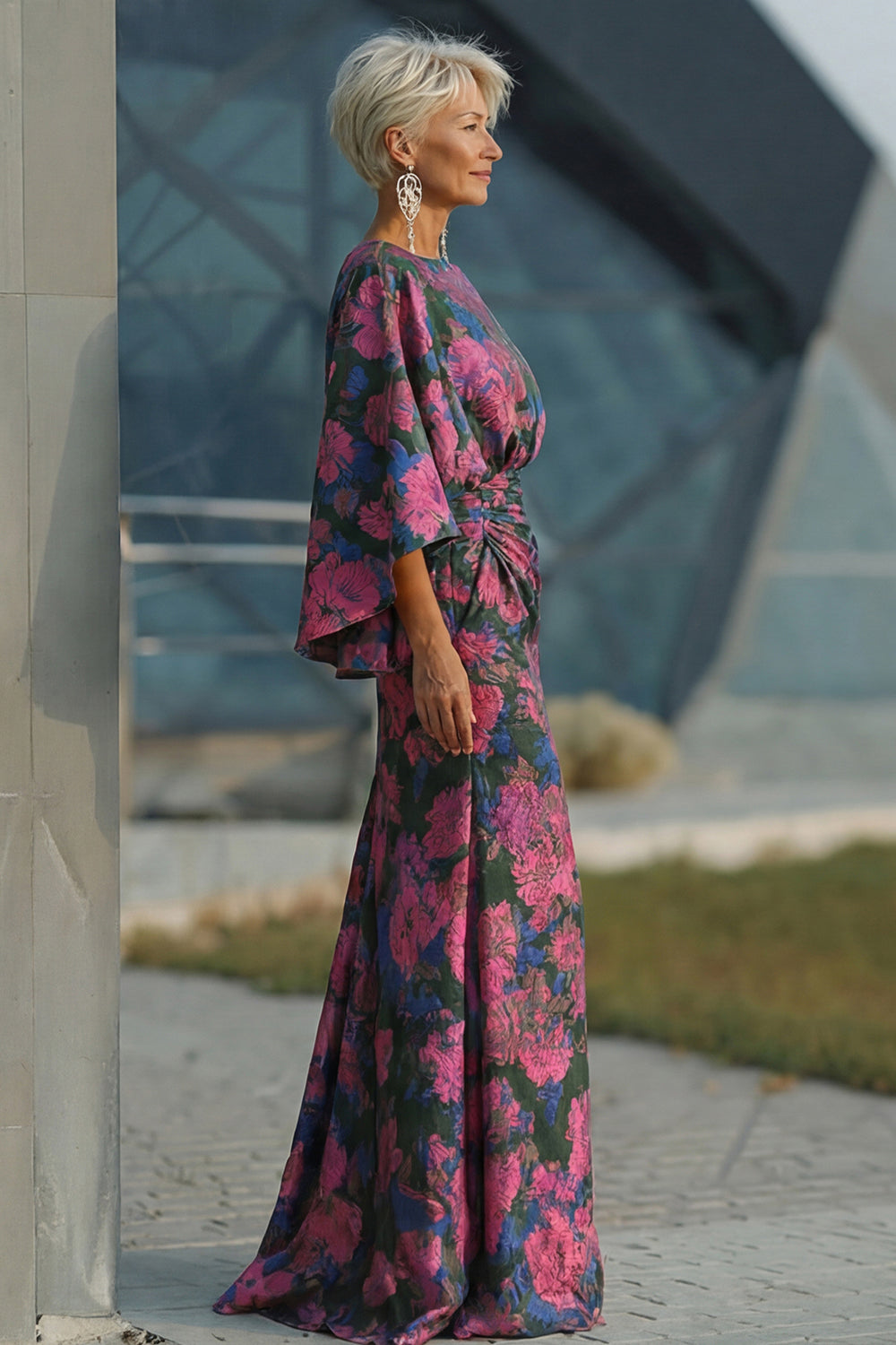 Jacquard Floral Fuchsia Mermaid Ruched Long Mother Of Bride Dress