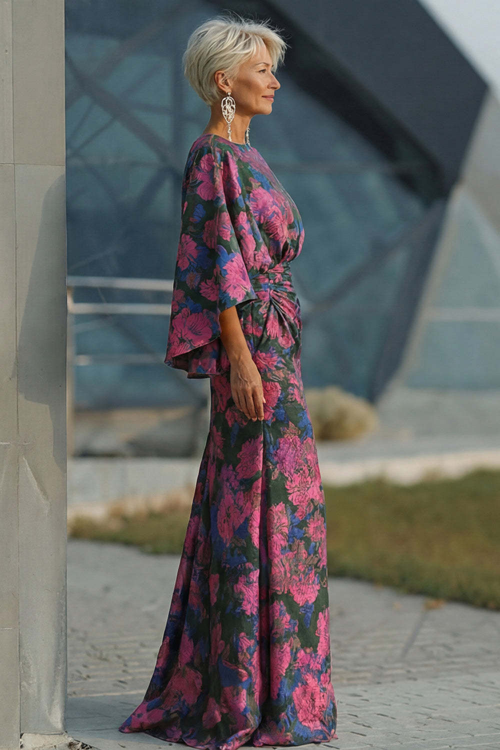 Jacquard Floral Fuchsia Mermaid Ruched Long Mother Of Bride Dress