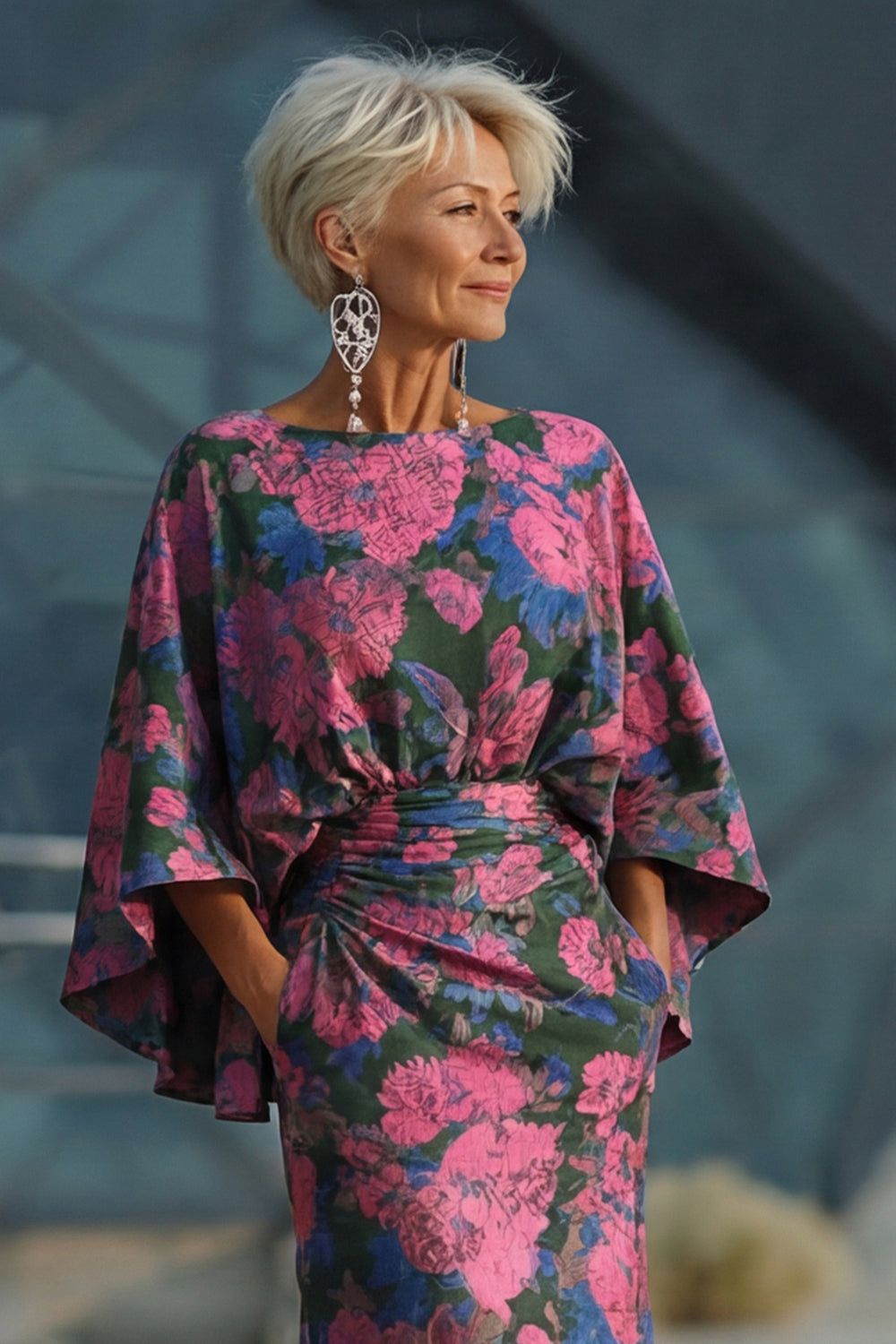 Jacquard Floral Fuchsia Mermaid Ruched Long Mother Of Bride Dress