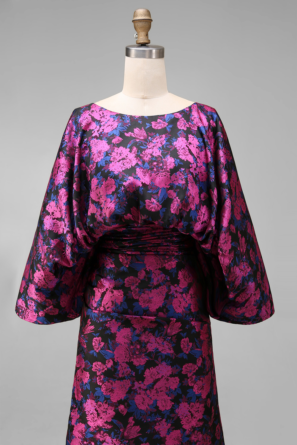 Jacquard Floral Fuchsia Mermaid Ruched Long Mother Of Bride Dress