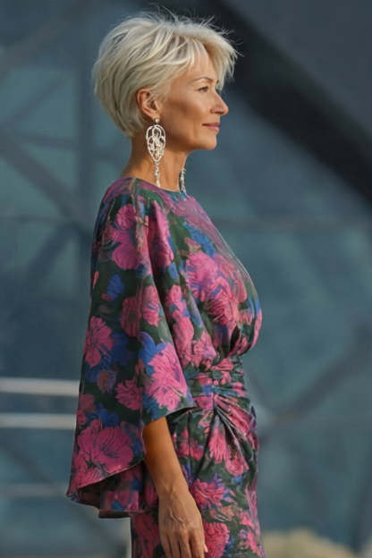 Jacquard Floral Fuchsia Mermaid Ruched Long Mother Of Bride Dress