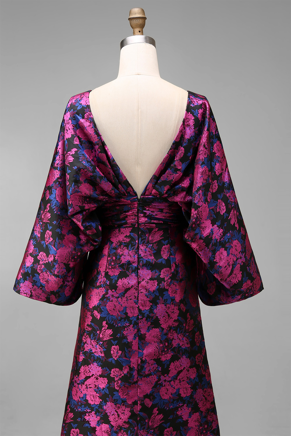 Jacquard Floral Fuchsia Mermaid Ruched Long Mother Of Bride Dress