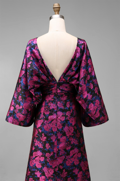 Jacquard Floral Fuchsia Mermaid Ruched Long Mother Of Bride Dress
