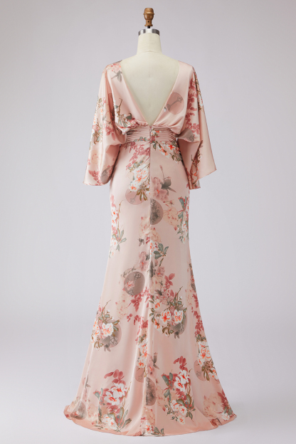 Floral Dusty Rose Mermaid Satin Round Neck Long Mother of the Bride Dress