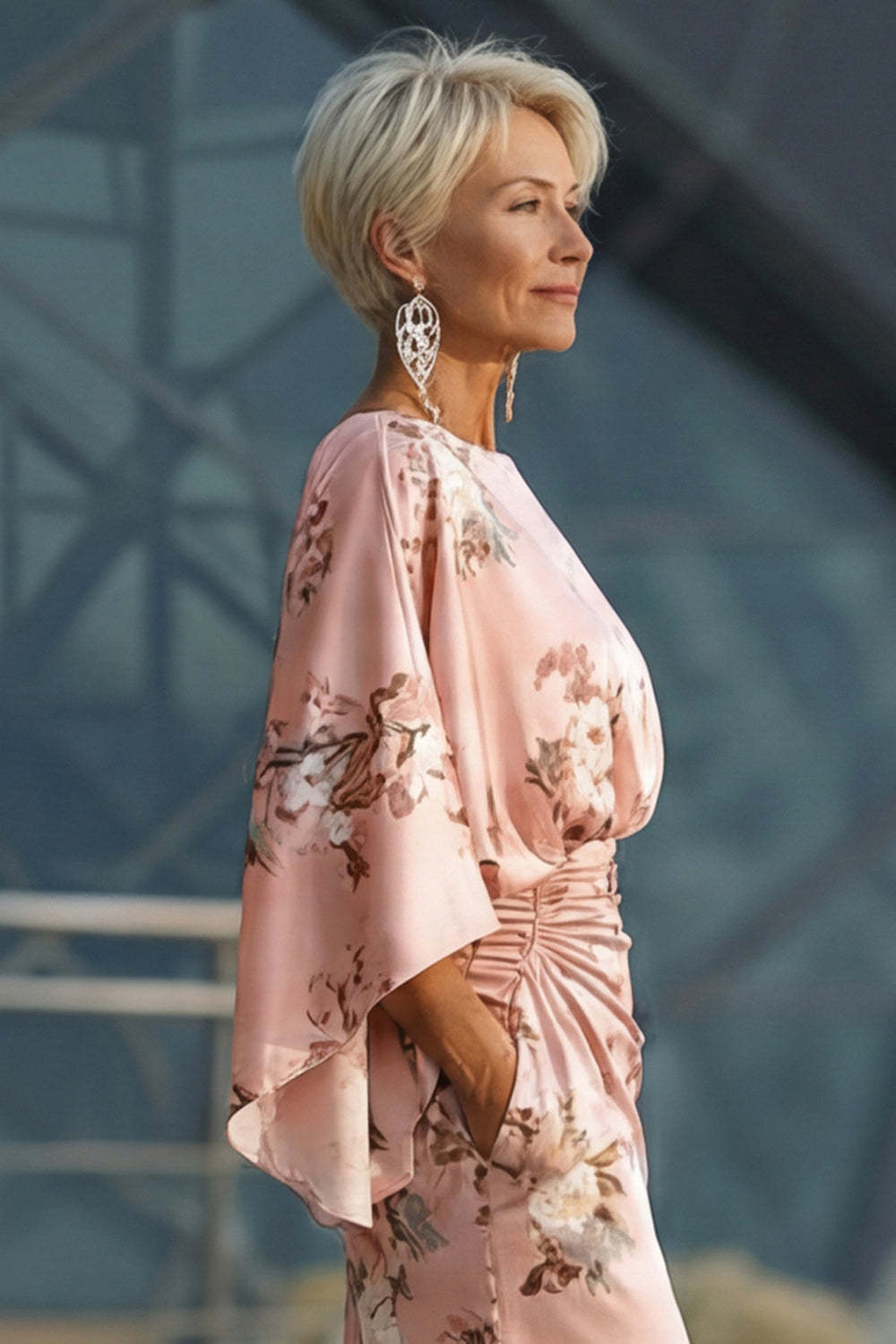 Floral Dusty Rose Mermaid Satin Round Neck Long Mother of the Bride Dress