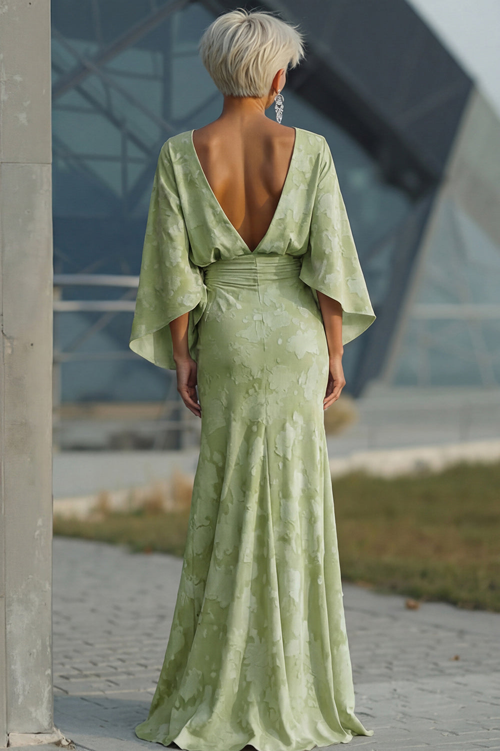 Floral Sage Green Mermaid Round Neck Ruched Long Mother of the Bride Dress