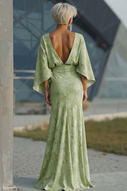 Floral Sage Green Mermaid Round Neck Ruched Long Mother of the Bride Dress