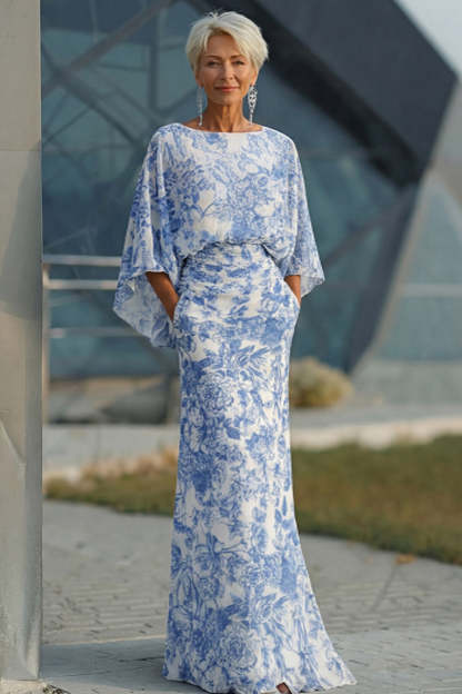 Leely Women Mermaid White Blue Floral Round Neck Long Mother of the Bride Dress Flutter Sleeves Backless Formal Dress