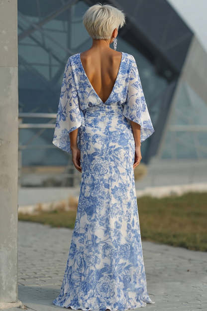 Mermaid White Blue Floral Round Neck Long Mother of the Bride Dress