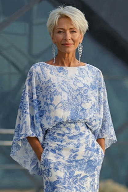 Mermaid White Blue Floral Round Neck Long Mother of the Bride Dress