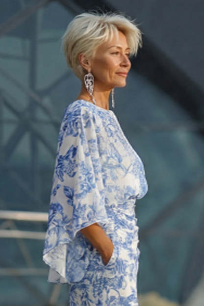 Mermaid White Blue Floral Round Neck Long Mother of the Bride Dress