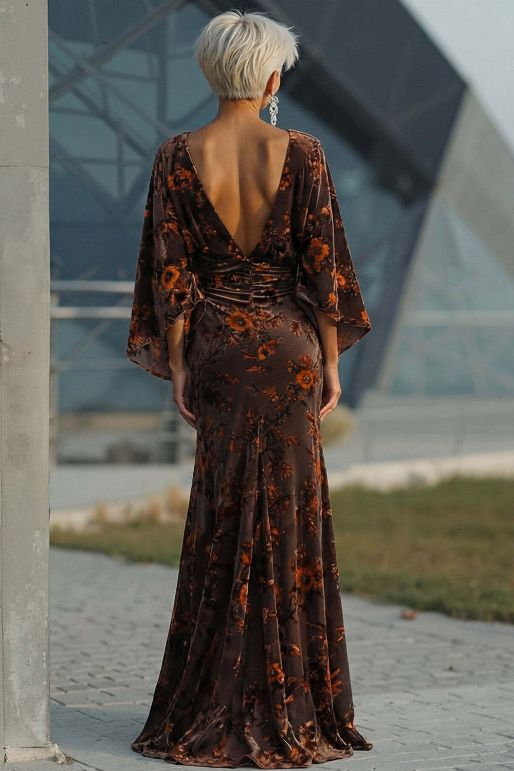 Floral Brown  Mermaid Draped Round Neck Long Mother of the Bride Dress