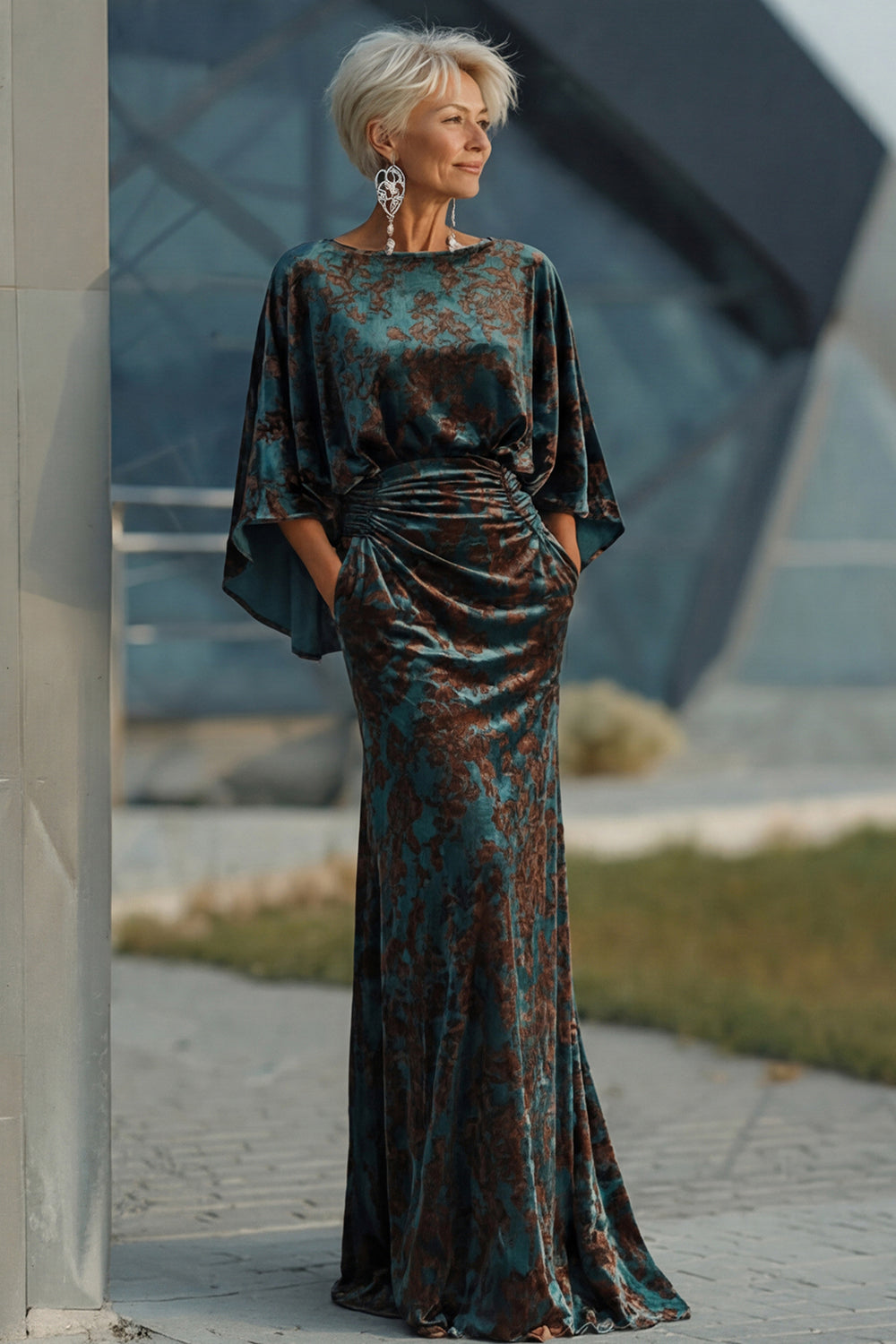 Leely Women Dark Green Floral Round Neck Long Mother of the Bride Dress Mermaid Ruched Wedding Guest Dress