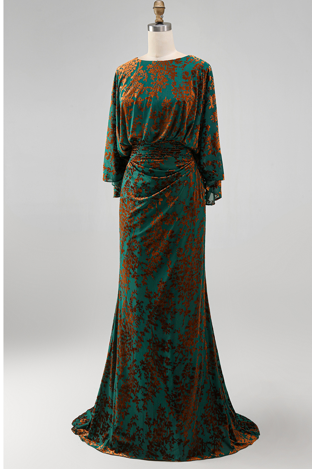 Dark Green Floral Mermaid Ruched Round Neck Long Mother of the Bride Dress
