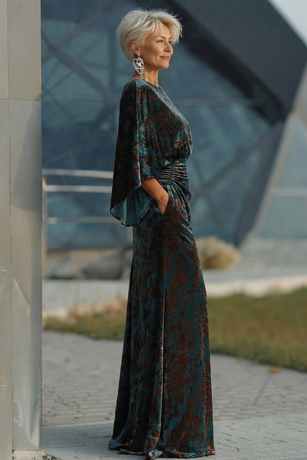 Dark Green Floral Mermaid Ruched Round Neck Long Mother of the Bride Dress