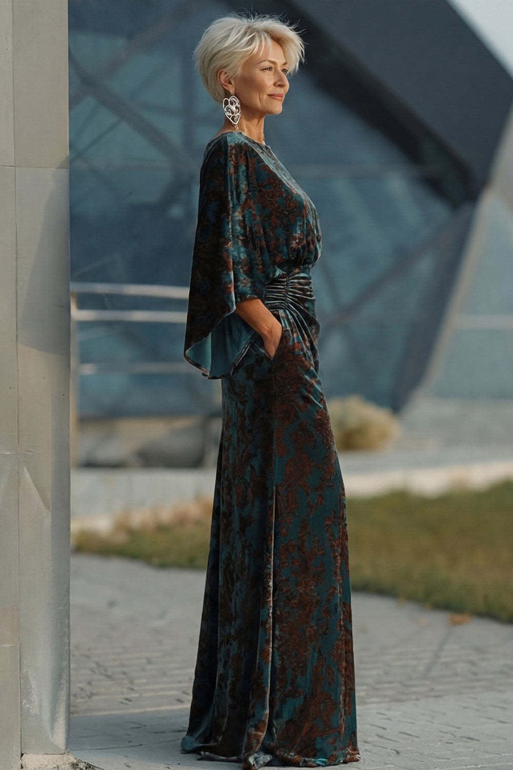 Dark Green Floral Mermaid Ruched Round Neck Long Mother of the Bride Dress